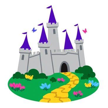A majestic fairytale castle with tall purple towers reaching towards the sky. The castle features large, arched windows and intricate stone carvings along its walls. Surrounding the castle is a magical garden filled with vibrant flowers in a variety of colors, including bright pinks, yellows, and blues. There are lush green bushes shaped into whimsical forms and a winding path made of golden stones leading up to the castle's entrance. Delicate butterflies flit among the flowers, adding to the enchanting atmosphere.