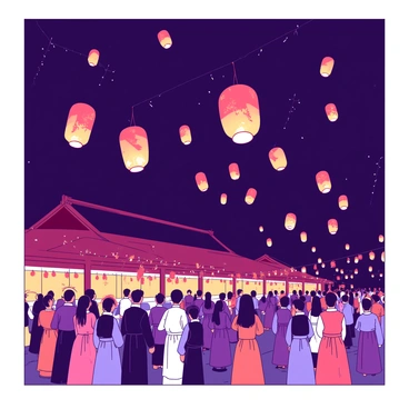 A nighttime scene of a Korean lantern festival, featuring numerous glowing lanterns drifting gracefully in the sky. The lanterns are of various shapes and sizes, each illuminated from within, casting a warm light. Below, a crowd of people, wearing traditional Korean clothing, are looking upwards in awe at the floating lanterns. The ground is adorned with colorful decorations and twinkling fairy lights that add to the festive atmosphere. The dark sky serves as a backdrop, highlighting the vibrant glow of the lanterns.