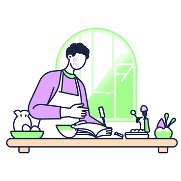 A baker is standing at a wooden table in a cozy kitchen, diligently documenting ingredients and costs in an open ledger. The baker is wearing a white apron over a long-sleeve shirt and has flour smudged on their cheeks. On the table, there are several measuring cups and spoons, and a bowl filled with flour. To the side, there is a collection of ingredients, including a sack of sugar and eggs in a carton. A rolling pin and cookie cutters are placed nearby. The atmosphere is warm, with light streaming in through a window, illuminating the baker's focused expression as they write in the ledger.