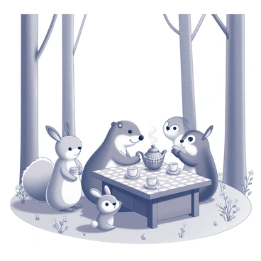A groundhog is seated at a small, rustic wooden table set in a forest clearing. The table is adorned with a checkered tablecloth and various tea cups. Surrounding the table are woodland creatures, including a curious rabbit, a wise owl perched nearby, and a playful squirrel. Each animal has its own tea cup and seems engaged in friendly conversation. The groundhog is pouring tea from an ornate teapot, with steam rising from the cups. Around them, tall trees provide a natural canopy, and wildflowers dot the ground, enhancing the cheerful atmosphere of the gathering.