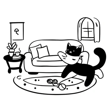 A playful cat with a fluffy tail swatting at a ball of yarn on a patterned rug in a cozy living room. There is a couch with decorative cushions in the background. A small side table holds a steaming cup and an open book. Sunlight filters through a window, casting soft shadows around the room. A potted plant sits in the corner, adding a touch of greenery to the scene.