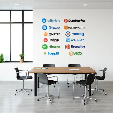 A collection of various supplier logos displayed prominently on a white wall in a modern office setting. The logos are diverse in design, featuring vibrant colors and different shapes, showcasing the individuality of each brand. Below the logos, there is a sleek wooden conference table, surrounded by ergonomic chairs. The office has large windows allowing natural light to stream in, illuminating the logos and creating a bright atmosphere. On the table, there are some office supplies neatly arranged, including notepads and pens.