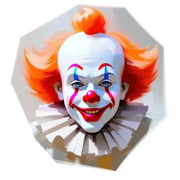 A clown face centered in the image, with one side painted in bright colors expressing happiness, featuring a wide smile, large blue eyes, and rosy cheeks. The other side is painted in darker tones, showcasing a frown, droopy eyes, and a somber expression. The clown's makeup is detailed, with vibrant red paint for the happy side and muted colors for the sad side, creating a stark contrast. The clown's colorful wig frames the face, enhancing the dual expressions. The background remains simple to keep the focus on the clown's face.