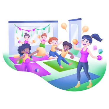 A vibrant illustration depicting a group of children engaged in a fitness class. The children, of diverse backgrounds, are smiling and focused as they practice "dumbbell flies" using colorful toy weights. They are in a bright, cheerful room filled with large, colorful exercise mats and playful decorations, such as balloons and streamers. Each child is wearing bright, comfortable workout attire. A friendly instructor demonstrates the exercise at the front, emphasizing proper form with animated gestures. The atmosphere is lively, filled with laughter and excitement.