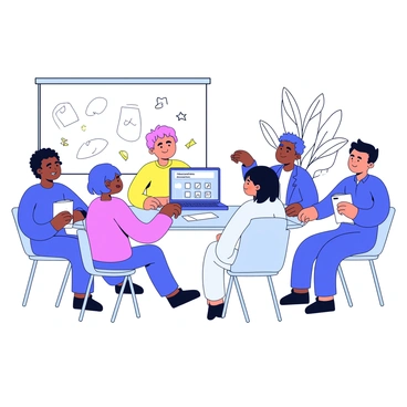A workshop setting with several people gathered around a large table. On the table is a laptop displaying the "Bajaj Allianz calculator" on its screen. Participants are engaged, with one person pointing at the screen while others are taking notes. Each participant is focused, showing expressions of concentration. The room has simple decorations such as a whiteboard with scribbles and a few plants in the background.