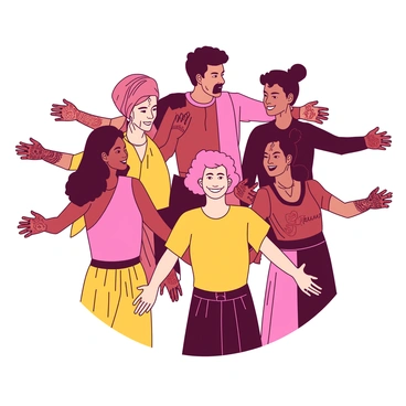 A group of diverse friends is standing in a circle, each person with arms extended outward. They showcase a variety of intricate mehendi designs on their hands, featuring detailed patterns and motifs. The friends have different skin tones and clothing styles, adding to the vibrant atmosphere. Each person's mehendi design is unique, displaying harmonious themes that celebrate culture and togetherness. The expression on their faces conveys joy and friendship as they admire each other's designs.