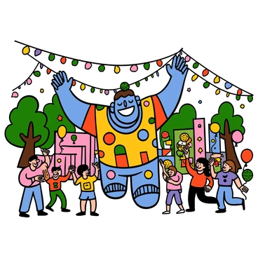 A titan with light blue skin and a broad smile is joyfully participating in a local festival. The titan is wearing colorful festival attire adorned with vibrant patterns. Around him, there are many colorful lights strung between trees and buildings, casting a warm glow. Various decorations, including banners and balloons, fill the scene, creating a festive atmosphere. People of different sizes and outfits are seen enjoying the festivities, engaging in games and dancing, contributing to the lively mood of the festival.