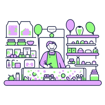 A candy shop interior is filled with shelves lined with an array of sweets shaped like pills. Each shelf showcases candies in various sizes and shapes, resembling capsules and tablets. The candies are organized by type, with some displayed in clear jars, while others sit in colorful bins. In the center of the shop, there is a large glass display case showcasing an assortment of pill-shaped chocolates and gummies. Overhead, colorful balloons are tied to the counter, adding to the vibrant atmosphere. A cheerful shopkeeper stands behind the counter, smiling and ready to assist customers.