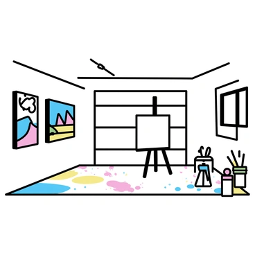 A garage with white walls transformed into an art studio. The floor is covered in splattered paint in various colors. Colorful paintings, depicting abstract shapes and vibrant landscapes, are hung on the walls. An easel stands in the center of the room with a blank canvas. Various art supplies, including brushes and paint tubes, are scattered around the studio. A window allows natural light to illuminate the space.
