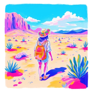 A traveler is standing in a vast desert landscape. They are wearing a flower crown made of vibrant cacti flowers and green succulents. The traveler is dressed in light, breathable clothing suited for the heat, with a wide-brimmed hat for sun protection. The ground is covered in golden sand, with scattered rocks and small desert plants in the background. The sky is bright blue with a few fluffy white clouds. The traveler's expression conveys a sense of adventure and curiosity as they survey the open expanse.