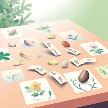 An assortment of antique seed specimens is displayed on a smooth wooden table. Each seed is carefully labeled with small tags, showing elegant handwriting. The seeds vary in size and shape, with some being small and round, while others are elongated and angular. Surrounding the seeds are delicate illustrations of plants, depicting their leaves, flowers, and growth stages. The background features soft, blurred greenery, enhancing the natural setting. A gentle light casts soft shadows across the table, highlighting the textures of the seeds and the details in the illustrations.