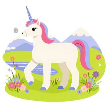 A unicorn with a shimmering white coat and a long, spiraled horn stands proudly at the center. Its mane flows in pastel colors of pink, blue, and lavender, blending softly together. Surrounding the unicorn, a lush green meadow filled with vibrant flowers in various colors blooms. In the background, a sparkling river winds through, reflecting the sunlight. Distant mountains rise gently, covered in soft, fluffy clouds. Near the unicorn, small, colorful butterflies flutter around, adding a whimsical touch to the scene. A gentle breeze causes the flowers to sway slightly, creating a magical atmosphere.