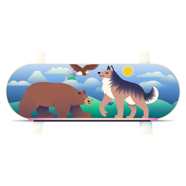 A skateboard rests flat against a smooth surface, prominently displaying a vibrant design. The central image features a wolf, its piercing eyes and detailed fur conveying strength and loyalty. Above the wolf, an eagle is depicted in mid-flight, its wings spread wide and feathers intricately illustrated, symbolizing freedom and perspective. To the left of the wolf, a bear stands on its hind legs, showcasing its powerful build and fierce presence, emphasizing bravery and resilience. The background is a gradient of deep blues and greens, enhancing the natural theme and connecting all three animal totems in harmony.