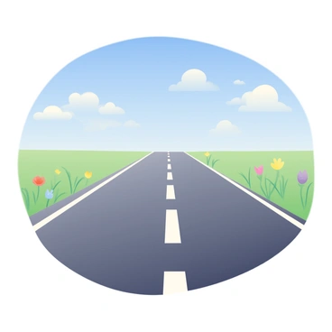 A long, straight road stretches out into the distance, gradually narrowing as it approaches the horizon. The asphalt is dark gray with faint white lane markings. On either side of the road, there are patches of green grass and wildflowers gently swaying in the breeze. In the background, a vivid blue sky is present with a few fluffy white clouds scattered throughout. The scene creates a sense of depth, as the road seems to vanish into a distant point on the horizon, leading the viewer’s eye towards it.