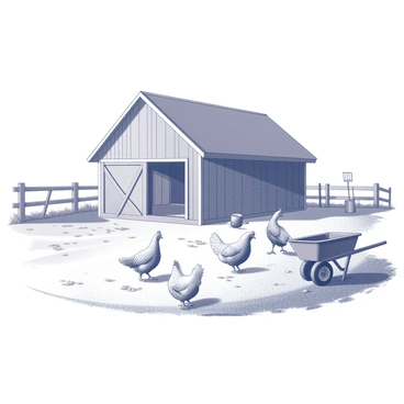 A bustling farmyard with chickens pecking around a quaint red barn