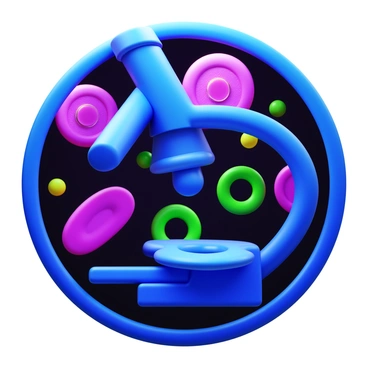 Ovarian cells under a microscope with vibrant colors. The cells are displayed in various shapes and sizes, showcasing intricate details of their structure. The background is dark to enhance the vivid colors of the cells, which are depicted in shades of purple, pink, and green. The microscope's lens is positioned above the cells, providing a close-up view. The overall composition emphasizes the beauty and complexity of the cellular environment.