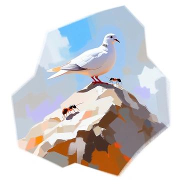 A white dove with a smooth, glossy feather coat is perched proudly on a rocky mountain peak, its wings slightly spread as if preparing to take flight. Beside it, a small, brown ant is climbing the rocky surface, showcasing its tiny legs and segmented body as it navigates the challenges of the terrain. The landscape around them features sharp, rugged rocks and sparse patches of grass, under a bright blue sky with a few fluffy clouds. The peak rises high above a valley, emphasizing the achievement of scaling such a monumental height.
