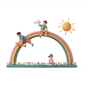 A group of children, two boys and a girl, are sliding down a "vibrant rainbow" that arches gracefully across the sky. The first boy, wearing a blue t-shirt and red shorts, holds onto the rainbow with both hands as he glides down. The second boy, dressed in a green t-shirt and yellow shorts, is laughing joyfully, his hair blowing in the wind. The girl, wearing a pink dress, is sitting at the end of the rainbow, preparing to slide down with a big smile on her face. Below them, a "field of flowers" stretches out, filled with bright blooms in various colors, including red, yellow, and purple. The sun is shining, casting a warm glow over the scene.