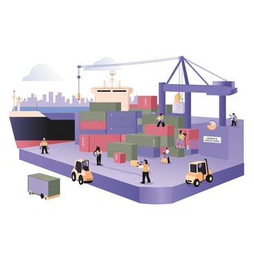 A digital flat illustration depicting a cargo terminal bustling with activity. In the foreground, a large cargo ship is docked, with containers stacked high in various colors, clearly labeled with numbers. Workers in safety vests and helmets are seen using forklifts to lift and transport containers. A crane is positioned overhead, extending its arm to grab a container from the ship. The background features a clear blue sky with a few clouds and a distant view of a city skyline. On the terminal floor, there is a visible sign that reads "Delivered At Terminal (DAT)" in bold letters. Several delivery trucks are parked, waiting to load cargo.