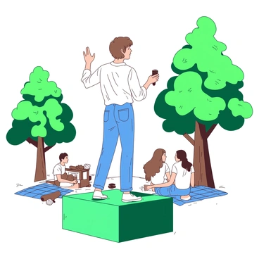 A person with short brown hair is standing on a green soapbox in the middle of a park. They are wearing a white shirt with rolled sleeves and blue jeans. The individual is gesturing passionately with their right hand while holding a small microphone in their left hand. Surrounding them are a few trees with vibrant green leaves and a group of attentive listeners seated on a picnic blanket nearby. The sky is clear with a hint of sunlight shining down on the scene, creating a warm atmosphere in the park.