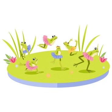 A group of frogs in elegant ballet poses on a large green lily pad. Each frog has a different shade of green and features distinct patterns on their skin. The frogs are adorned with tiny tutus in various colors, including pink, blue, and yellow. Some frogs are leaping gracefully while others are striking poses, showcasing their ballet skills. The backdrop features tall reeds and colorful water flowers surrounding the lily pad, creating a vibrant atmosphere for their performance. 