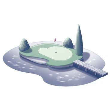 A golf hole positioned on a small island surrounded by a serene lake. The island features a manicured green with a flag positioned in the center. A wooden bridge connects the island to the mainland, extending over the calm water. Lush trees and shrubs border the island, creating a natural frame around the golf hole. Gentle ripples can be seen on the lake's surface, reflecting the nearby vegetation. The scene captures the peacefulness of the location, emphasizing the unique access to the golf hole.