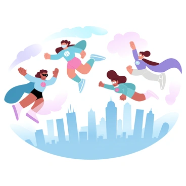A group of children wearing colorful capes and masks is soaring above a city skyline. Each child is in a dynamic flying pose, with capes fluttering behind them. The skyline features tall buildings with various architectural styles, including skyscrapers and smaller structures. The cityscape is set against a gradient of pastel colors in the sky, creating a whimsical atmosphere. Some clouds drift gently in the background, adding to the sense of adventure. The children exhibit a sense of joy and freedom as they explore the sky.