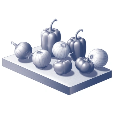 A collection of onions and bell peppers placed on a kitchen counter. The onions are different sizes and shapes, with some featuring smooth, shiny skins and others displaying a textured appearance. The bell peppers are variously shaped, with some resting on their sides and others standing upright. The kitchen counter is textured, showing some wear and signs of regular use. Light casts shadows of the vegetables on the counter, highlighting their shapes and textures.