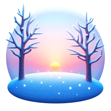 Frost-covered grass with sparkling droplets scattered across the blades. Tall trees with branches coated in a layer of frost, glistening in various shades of white. The early morning light of dawn casting a soft glow, illuminating the frost and creating a shimmering effect. The sky displays a gradient of soft pastel colors, transitioning from deep blue to light pink, highlighting the serene winter landscape.