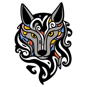 A wolf head created with intricate tribal patterns. The wolf's features are prominently displayed, including sharp ears and fierce eyes. The design incorporates geometric shapes and flowing lines that wrap around the wolf's face. The color palette consists of deep blacks and whites, with hints of vibrant colors interspersed throughout the patterns. The overall impression is one of strength and mystique, capturing the essence of the wolf in a bold and artistic manner.