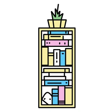 A tall bookshelf made of light wood, filled with a variety of books arranged neatly. Each book has a spine labeled with titles written in italic font. The books are of different sizes and colors, creating a visually interesting pattern. The bottom shelf has a few stacked books on top of one another. A small potted plant sits on the top shelf, adding a touch of greenery.