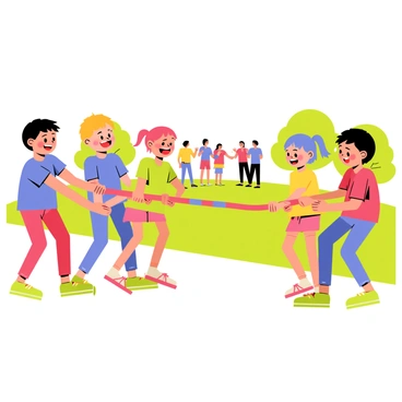 A group of five children is pulling on a thick, colorful rope in a tug-of-war game. They are positioned on either side of the rope, with two boys and three girls. The boys are wearing bright blue and red T-shirts, while the girls are dressed in cheerful yellow and green tops. Their faces are filled with excitement and determination, with one girl laughing and another boy gritting his teeth in concentration. The background features a sunny park with green grass and a few trees, while a cheering crowd of parents can be seen in the distance, clapping and encouraging the children.