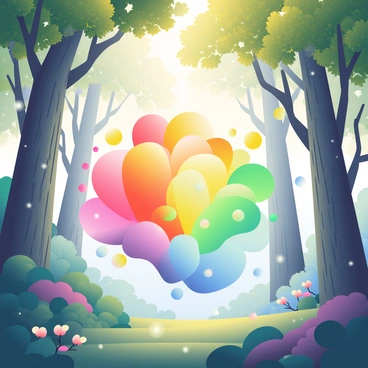 A vibrant explosion of rainbow colors fills the air in a mystical forest. The colors swirl and blend together, creating a dazzling spectacle. Tall, ancient trees with thick trunks and sprawling branches surround the scene, their leaves shimmering in hues of green and gold. Soft, glowing orbs of light float gently around, adding to the enchanting atmosphere. Delicate flowers with petals in various shades of pink, blue, and yellow dot the forest floor, while a gentle mist hovers just above the ground, catching the light from the colorful explosion above. Sunlight filters through the treetops, casting dappled shadows on the underbrush, enhancing the magical feel of the setting.