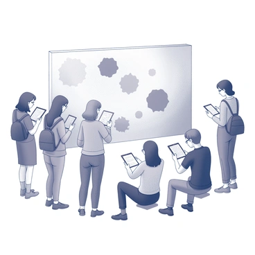 A group of visitors engaging with an interactive art installation. Each person is holding a digital tablet in their hands. They are focused on the screens, typing or tapping to leave their feedback. The installation consists of various abstract shapes and textures that invite interaction. Some visitors are standing while others are seated nearby, creating a dynamic scene of participation and expression. Surrounding the installation, there are other attendees observing the interaction, intrigued by the blend of technology and art.