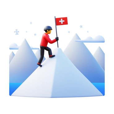 A climber wearing a bright red jacket and black climbing gear is reaching the peak of a snowy mountain. The climber is holding a flag with a bold emblem, preparing to plant it firmly into the snow. The mountain is covered with a thick layer of pristine white snow, glistening under the sunlight. In the background, distant mountain peaks are visible, partially obscured by clouds. The climber's boots are gripping the icy surface, and snowflakes are gently falling around the scene.