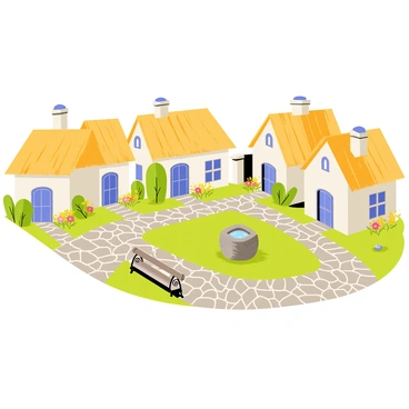 A small village featuring several thatched-roof cottages with whitewashed walls. The cottages are surrounded by vibrant green gardens filled with colorful flowers. Cobblestone paths wind through the village, connecting the cottages and leading to a central square. In the square, there is a weathered wooden bench and a stone fountain bubbling with clear water. The scene is bright and inviting, capturing the charm of a quaint rural setting.