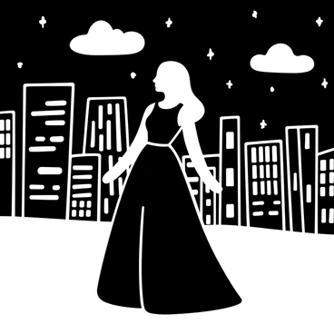 A woman in a sleek, contemporary ball gown standing with her arms gracefully at her sides. The gown features elegant lines and a flowing silhouette. Behind her, a city skyline is illuminated by numerous buildings, each showcasing varied architectural designs. The sky is filled with stars, and the lights of the city reflect against the silhouette of the gown, creating a striking contrast. A few clouds drift across the night sky, adding a sense of depth to the scene.