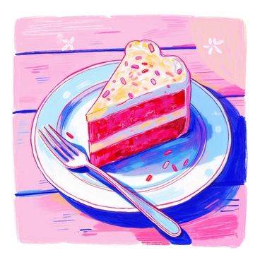 A slice of "red velvet cake" is centered on a "white plate". The cake has a velvety texture with rich red layers and creamy white frosting on top. There are small decorative sprinkles in the frosting, and a fork is placed beside the plate. The background shows a soft, blurred wooden surface, enhancing the focus on the cake.