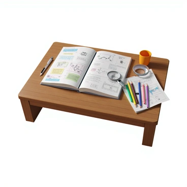 A wooden desk with a polished surface, featuring an open journal resting on it. The journal pages are filled with intricate sketches of DNA structures and various diagrams related to gene research. Handwritten notes are scattered across the pages, providing detailed explanations and findings. Nearby, there are colorful pens and pencils lying on the desk, along with a small magnifying glass and a few printed research articles. The lighting is bright and focused on the journal, highlighting the details of the sketches and notes.