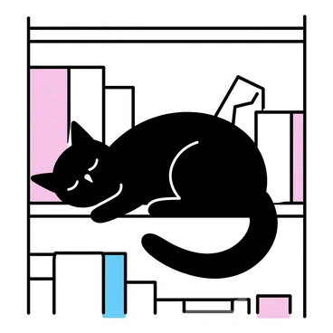 A black cat curled up, with its fur sleek and glossy, sleeping peacefully on a high bookshelf. The bookshelf is filled with various books, their spines in different colors and sizes, neatly arranged. The cat's paws are tucked under its body, and its tail wraps gently around it. Soft shadows are cast by the books, creating subtle contrasts on the wooden surface of the shelf.