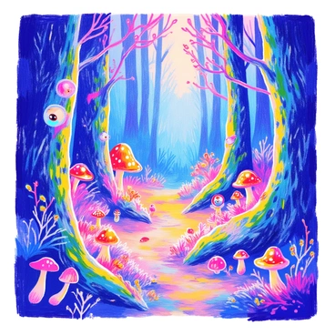 A magical forest filled with tall, ancient trees covered in green moss. The ground is scattered with "glowing mushrooms" of various sizes, emitting soft, bright lights in shades of blue and purple. Between the trees, "mystical creatures" with large eyes and unique features can be seen peeking out from behind the trunks. Some of these creatures have colorful fur and others are small, with delicate wings. The atmosphere is alive with the vibrant colors of the forest and the enchanting glow of the mushrooms.