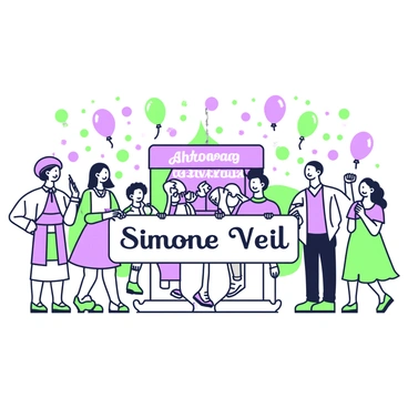 A celebration scene honoring "Simone Veil's anniversary". In the center, there is a large banner that reads "Happy Anniversary Simone Veil". Surrounding the banner are numerous green and purple balloons floating in the air. On one side, a group of people are gathered, smiling and dressed in formal attire, enjoying the moment. Some individuals are holding green and purple party hats, while others are holding musical instruments such as a guitar and a flute. A small stage is set up in the background with musicians playing lively music. The atmosphere is filled with joy and excitement, as guests dance and celebrate the special occasion.