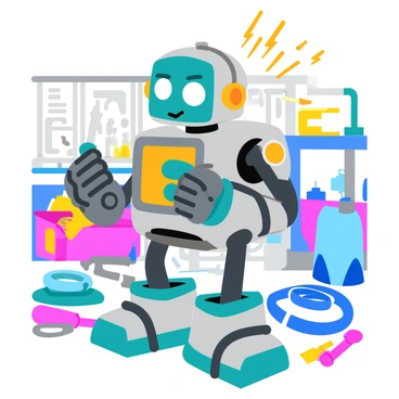 A quirky robot with a metallic body featuring loose wires protruding from various joints. The robot has expressive eyes that showcase a mix of determination and frustration. Sparks are flying from its open panel as it fiddles with its own circuitry, creating a dynamic and energetic scene. The robot is positioned in a cluttered workshop filled with tools and mechanical parts scattered around. Bright colors highlight the robot's unique design, emphasizing its playful character.