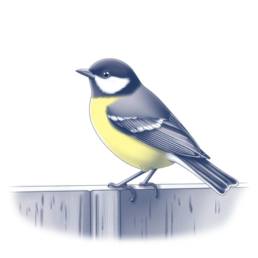 A great tit perched on a rustic wooden fence. The bird has a distinctive black cap and bright yellow belly, showcasing its characteristic markings. It stands alert, with its head tilted slightly as it looks curiously around. The wooden fence is weathered, with visible knots and grains, and it features an uneven surface, adding texture to the scene. The background is softly blurred, emphasizing the great tit and its inquisitive posture.