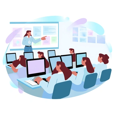 A teacher is standing in front of a group of students in a computer lab. The teacher is pointing towards the computer screens, providing guidance. The students are focused on their work, sitting at individual desks with desktop computers. Each student has a notebook open beside them. The room is filled with colorful posters on the walls related to technology and learning. The atmosphere is vibrant, showcasing a collaborative learning environment.