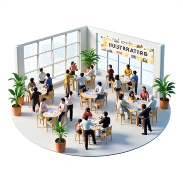 A bright and spacious indoor venue filled with tables and chairs arranged for networking. There are a variety of illustrators present, showcasing their portfolios, which include colorful illustrations and various artistic styles. Some professionals are engaged in conversations while others are browsing through the displayed portfolios. A large banner hangs in the background with the words "Illustrators Networking Event" in bold letters. The room is filled with natural light coming from large windows, and there are potted plants around the area adding a touch of greenery. The atmosphere is lively, with people exchanging ideas and experiences.
