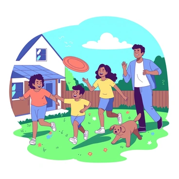 A group of four people, including two adults and two children, are playing a fun outdoor game in their backyard. The two children, a boy and a girl, are laughing as they chase after a bright orange frisbee being thrown by their father. The mother is clapping her hands and cheering them on, while a small brown dog runs alongside the children, adding to the lively atmosphere. The grass in the backyard is a vibrant green, dotted with colorful flowers. A blue sky overhead features a few fluffy white clouds, creating a cheerful backdrop for the scene.