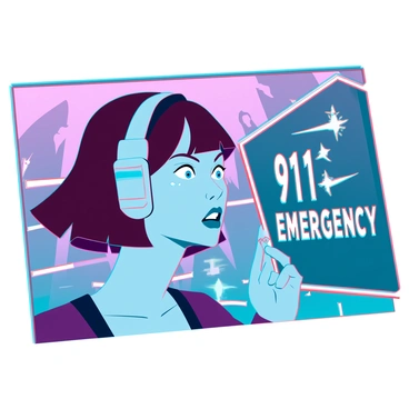 A graphic novel panel showing a woman with short brown hair and wide eyes, speaking into a sleek, futuristic headset. She appears anxious, with sweat droplets on her forehead. The background features a chaotic scene with blaring emergency lights and faint silhouettes of a fire in the distance. A digital display next to her shows the words "911 Emergency" in bold letters. The panel captures the intensity of the moment, with dynamic lines emphasizing movement and urgency.