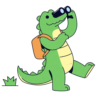 An adventurous alligator with a green, textured skin is wearing a small brown backpack. The alligator stands upright on its hind legs and holds a pair of black binoculars up to its large eyes. The binoculars reflect a hint of sunlight, highlighting their sleek design. The alligator has a determined expression, showcasing its excitement for exploration. The scene includes a simple grassy area in the background.