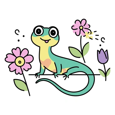 A cheerful crested gecko with vibrant green and orange patterns is perched on a branch. The gecko has large, expressive eyes and a slightly open mouth as if smiling. Surrounding it are various blooming spring flowers in bright colors, including pink petals, yellow daisies, and purple tulips, creating a lively scene. The background features soft green leaves, adding to the freshness of the spring atmosphere.